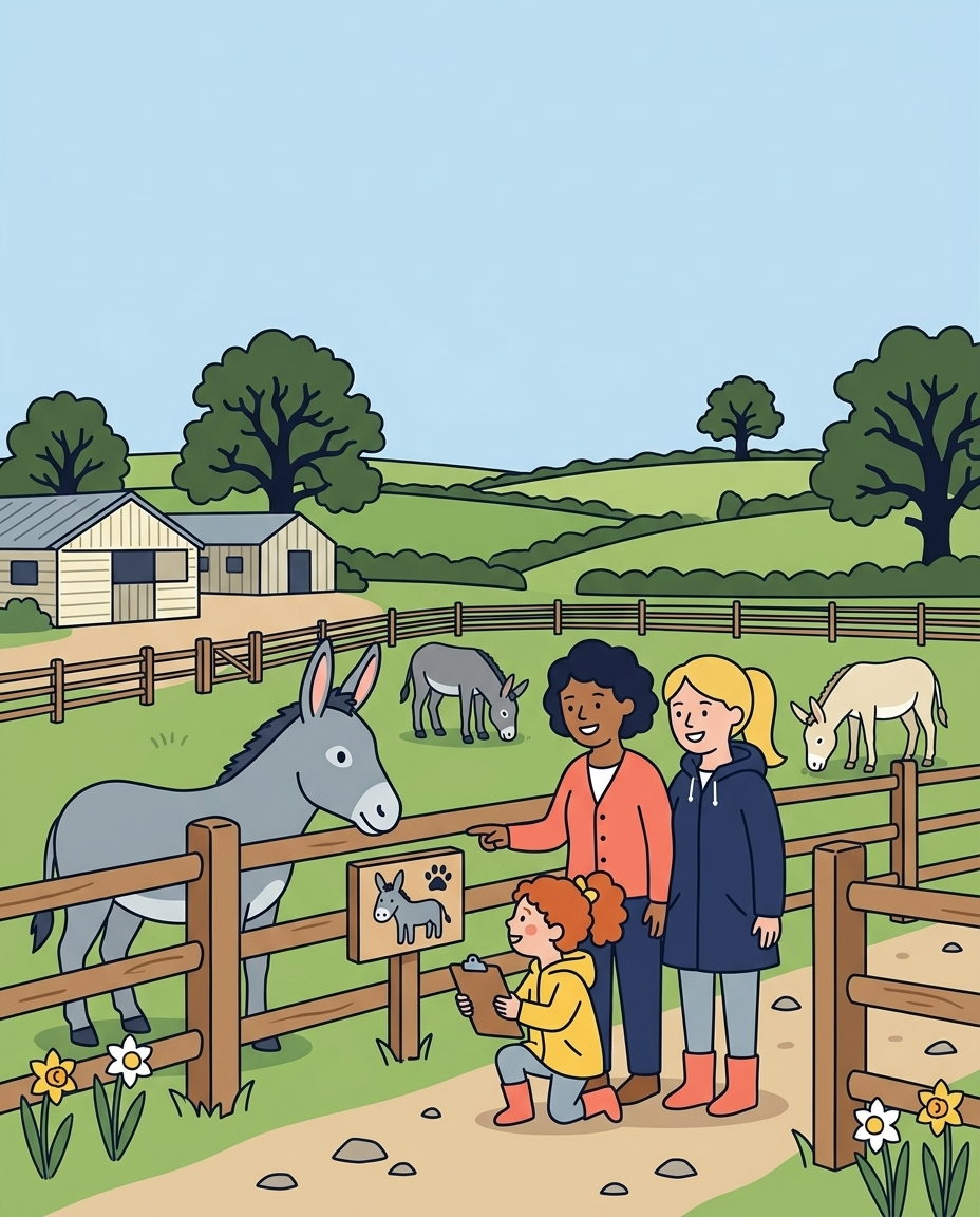 Illustration of a family doing the Wondrous Wildlife Spring Trail at The Donkey Sanctuary in Sidmouth