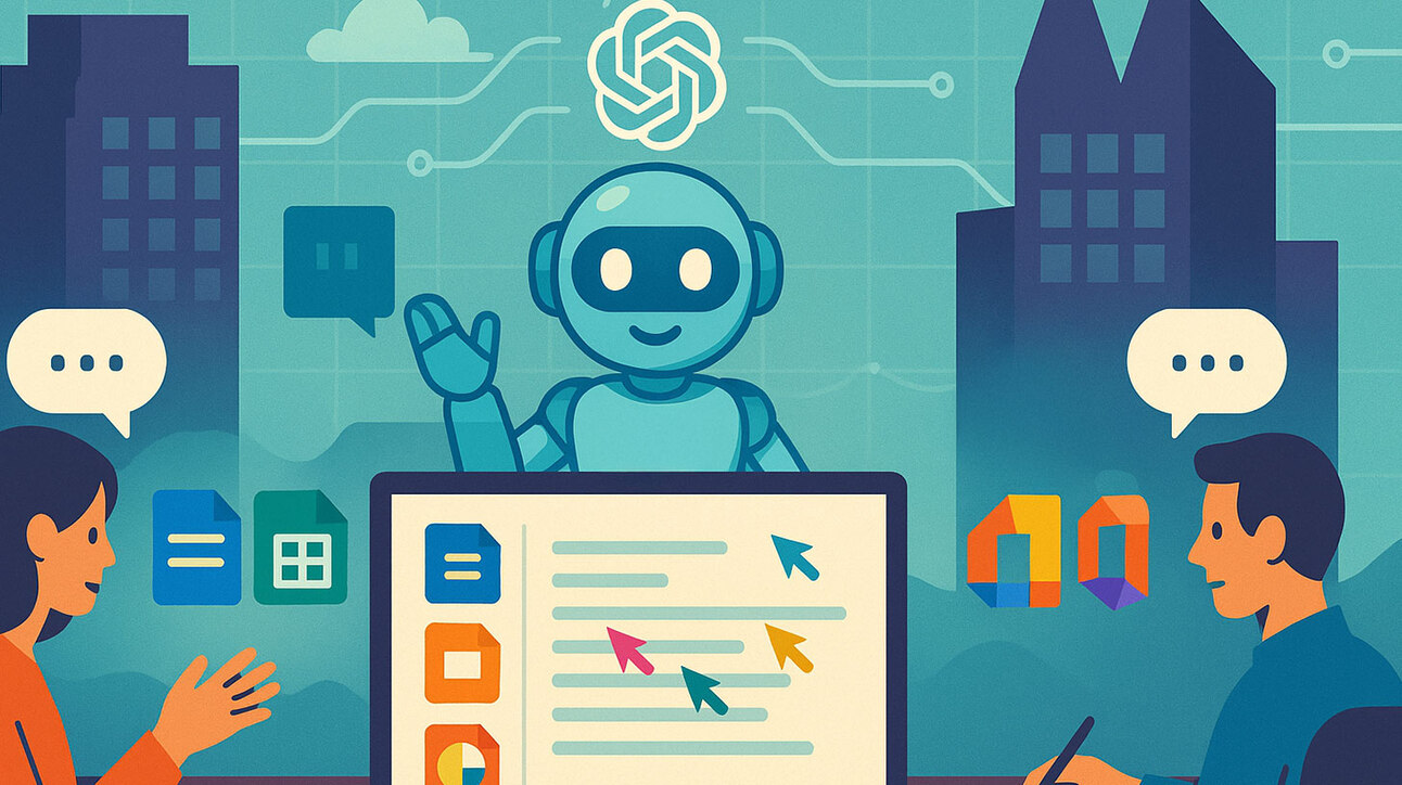 Illustratsioonis on kaks inimest laua taga, nende ees suur arvutiekraan koos värviliste noolekestega. Ekraani taga seisab robot, kes naeratab ja viipab käega. Taustal on suurlinna siluett ning logo kujundus pilvekujuliste elementidega. Kõnekullid mõlema inimesega viitavad vestlusele. Ekraani kohal on erinevad dokumendi ja arvutustabeli ikoonid.