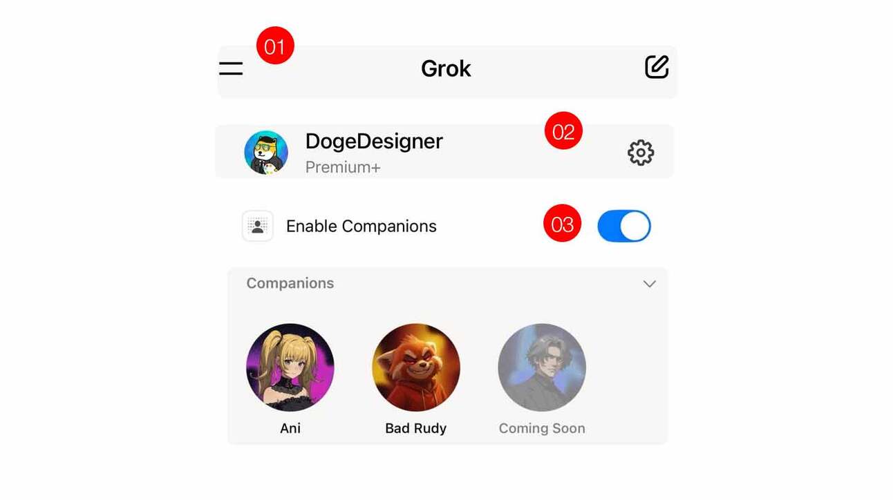 Rakenduse kasutajaliides, mille ülaosas on tekst 'Grok'. Seal on profiilipilt pealkirjaga 'DogeDesigner' ja märge 'Premium+'. All on lüliti 'Enable Companions', mis on sisse lülitatud. Allosas on sektsioon 'Companions' kolme ümmarguse avatariga: 'Ani', 'Bad Rudy' ja 'Coming Soon'.