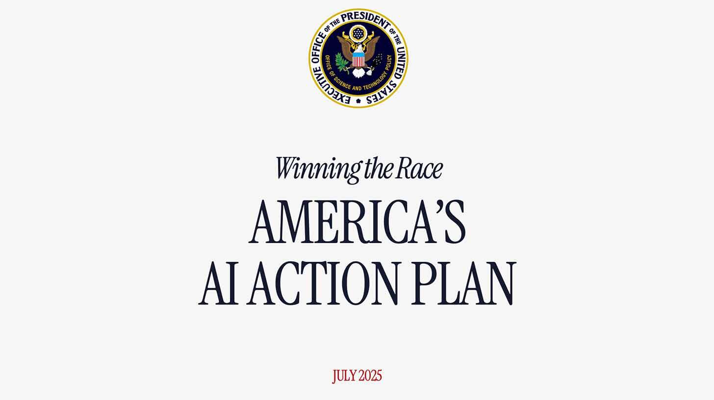 Pilt näitab dokumenti pealkirjaga 'Winning the Race: America's AI Action Plan'. Üleval on Ameerika Ühendriikide presidendi teadus- ja tehnoloogiapoliitika ametkonna embleem. Alumises osas on kuupäev 'July 2025'.