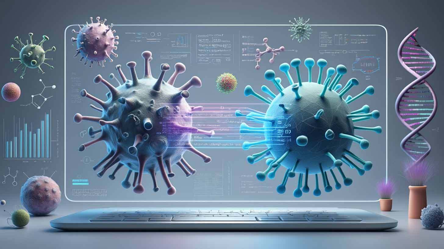 Arvutigraafika illustratsioon viruaalsetest viirustest levimas ekraanil, koos teaduslike andmete ja DNA ahelaga. Ees on avatud sülearvuti. Taustal graafikud ja molekulide struktuurid.