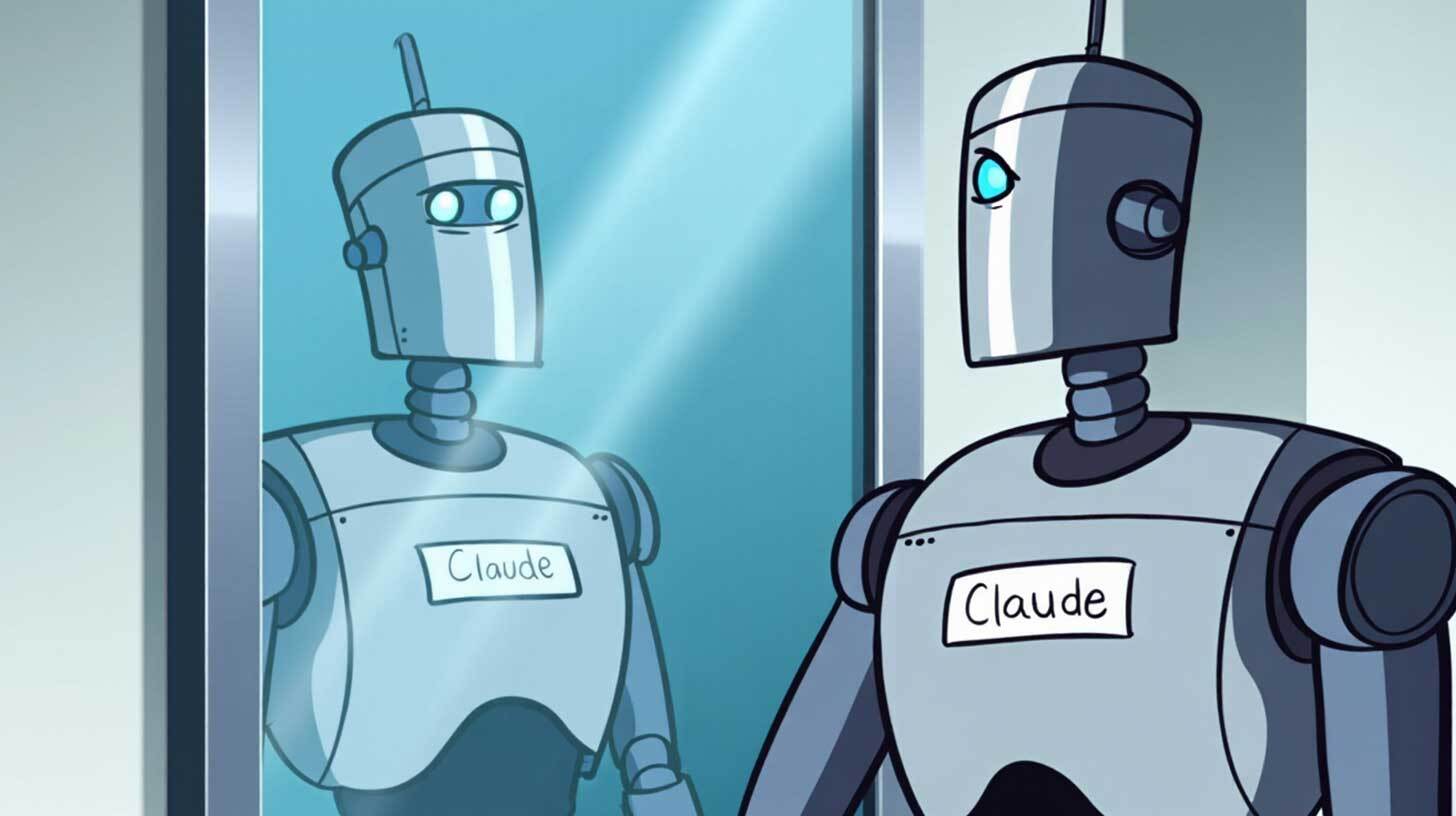 Roboti karikatuur seisab peegli ees, vaadates enda peegeldust. Robotil on pea küljes antenn ja rinnal silt nimega 'Claude'.
