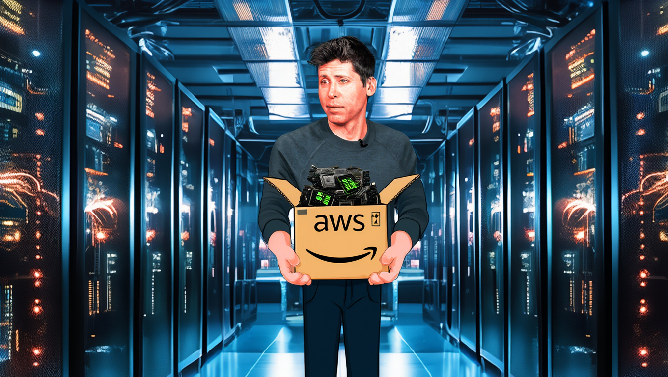Inimene seisab serveriruumis ja hoiab käes karpi, mille peal on AWS logo. Karp on täis graafikakaarte. Taustal on näha serverikappe sinaka valgustusega.