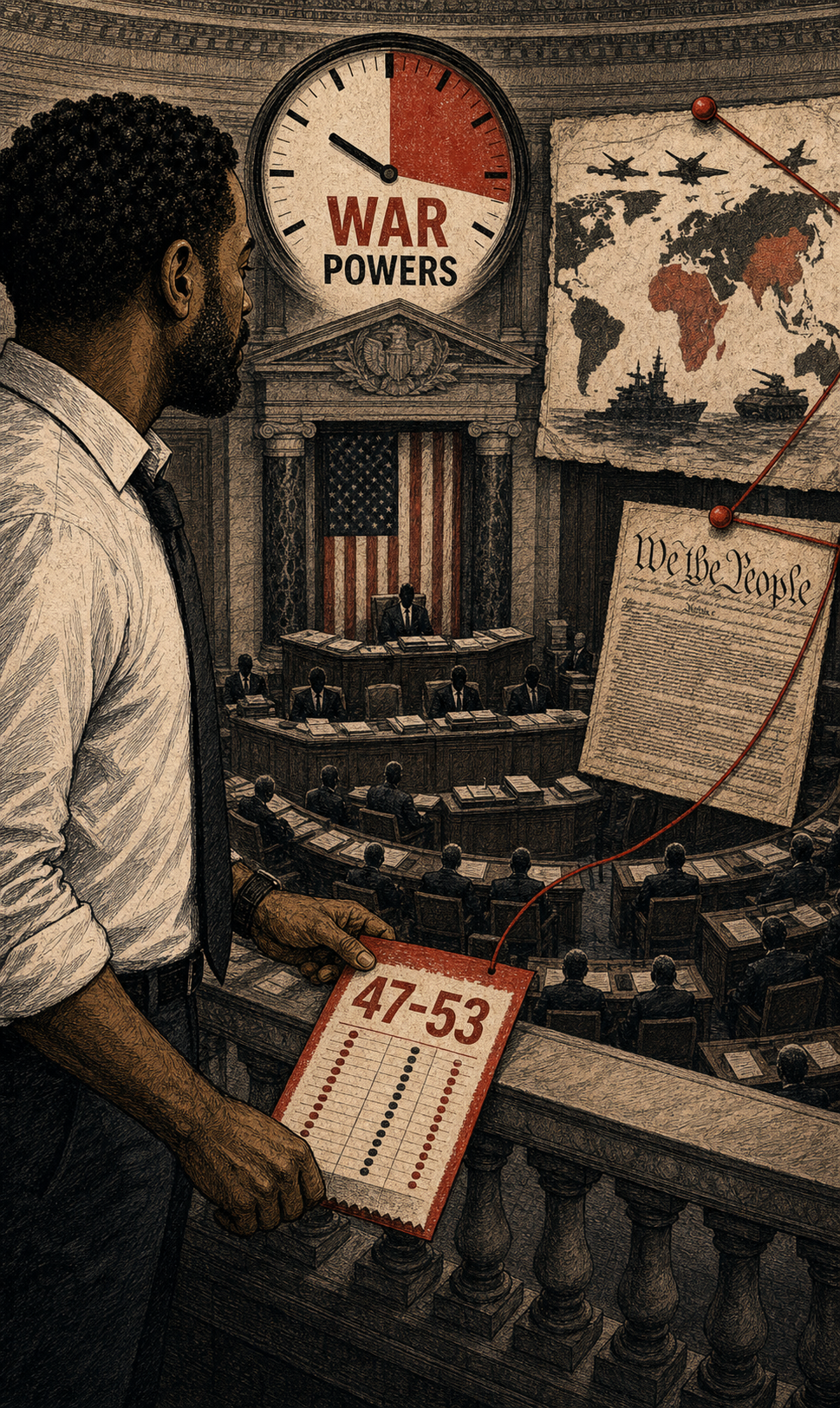 BTP illustration of Michael Starr Hopkins holding a red Senate roll-call receipt beside a 47-53 war-powers vote board.