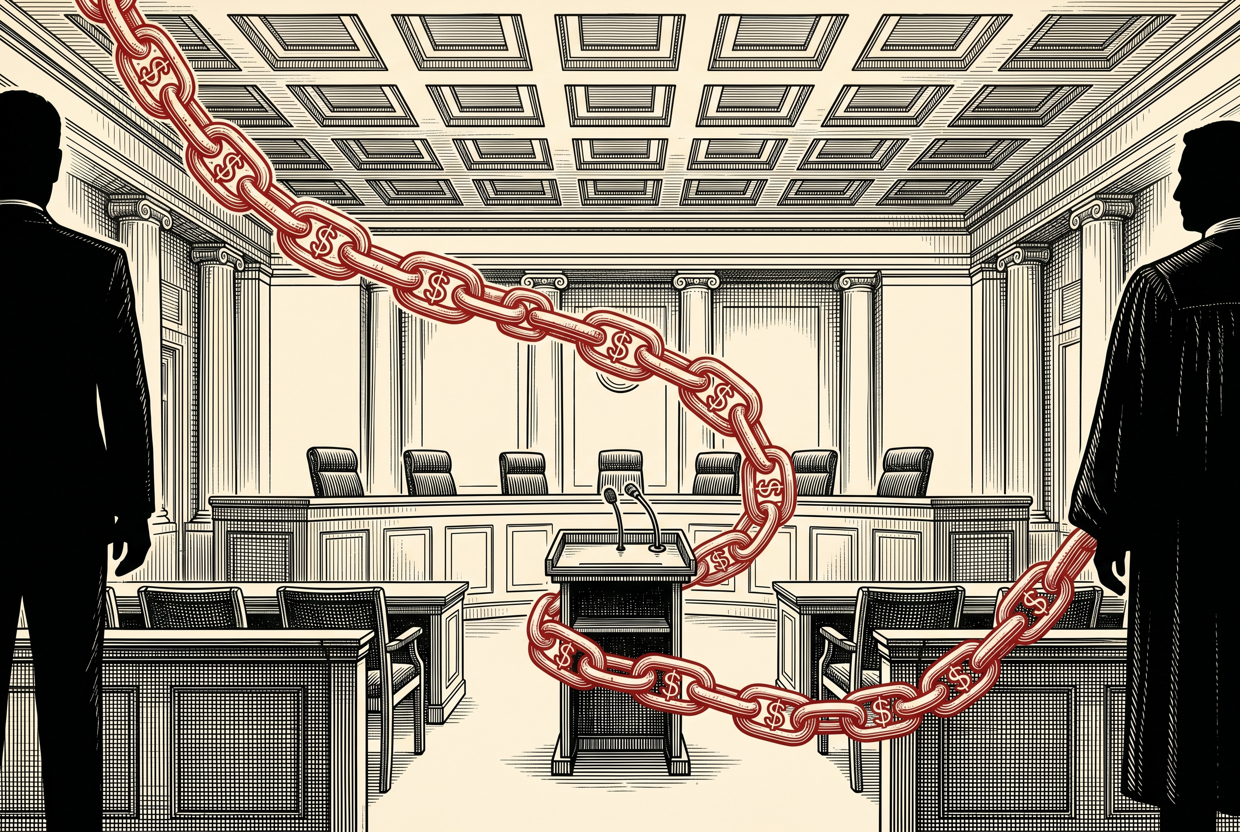 Empty Supreme Court courtroom with a red chain of dollar-sign-marked vault links stretching diagonally, anchored on each side to silhouetted suited and robed figures outside the frame. Engraving-style editorial cartoon.
