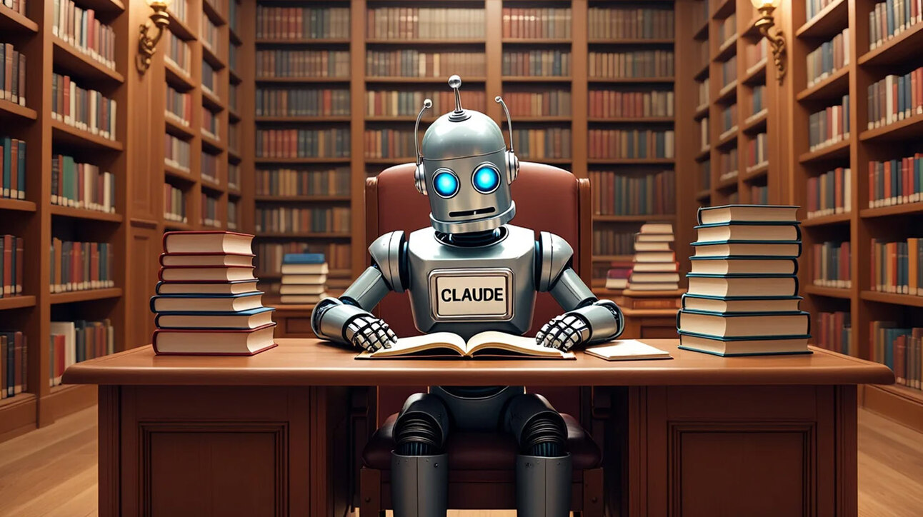 Robot istub raamatukogus laua taga, millel on mitu raamatute virna. Robot loeb ühte raamatut, ümbritsetud seintest, mis on täis riiuleid erinevate raamatutega.