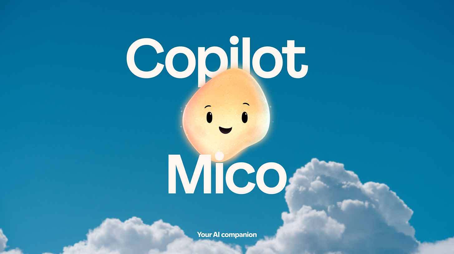 Sinisel taevas lendleb väikese näoga sõbralik oranž kujuke, mille ümber on kiri 'Copilot Mico'. Allosas on väikeste tähtedega tekst 'Your AI companion'. Taevas on kaetud allosas valgete pilvedega.