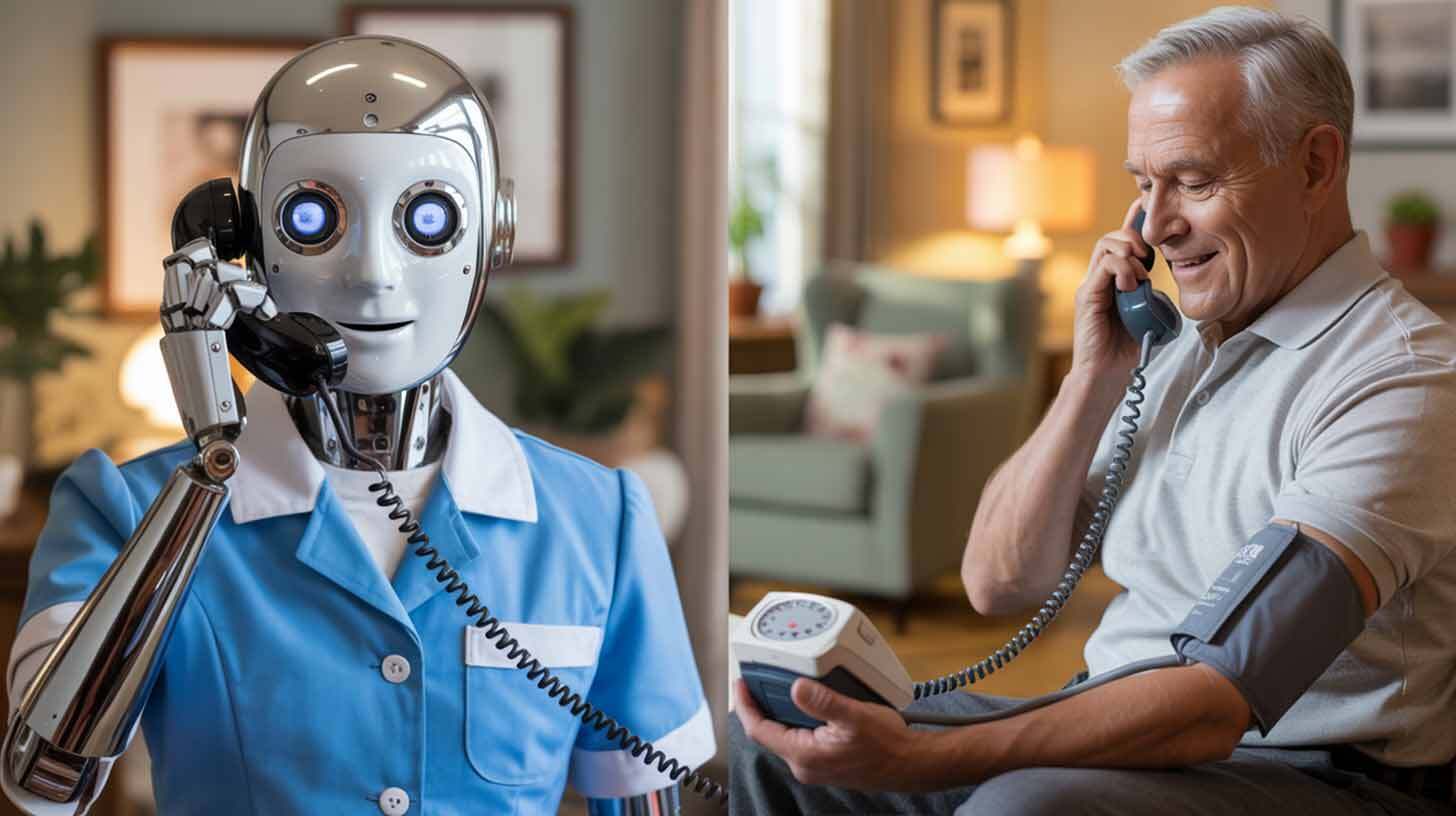 Robot medõde helistab vanemale härrale, kes istub hubases toas ja mõõdab oma vererõhku. Robot kannab sinist vormiriietust ja hoiab telefonitoru käes. Vanem mees naeratab ja hoiab telefonitoru kõrva ääres.