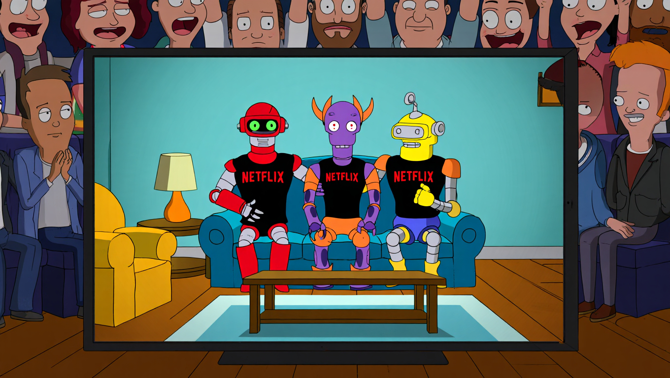 Karikatuurne pilt, kus kolm roboti kuju kannavad särki kirjaga 'Netflix' ja istuvad diivanil teleekraanil. Üks robot on punane, üks lilla oranžide sarvedega ja üks kollane. Diivani kõrval on lamp. Teleri ümber on inimesed, kes vaatavad rõõmsalt ekraani.