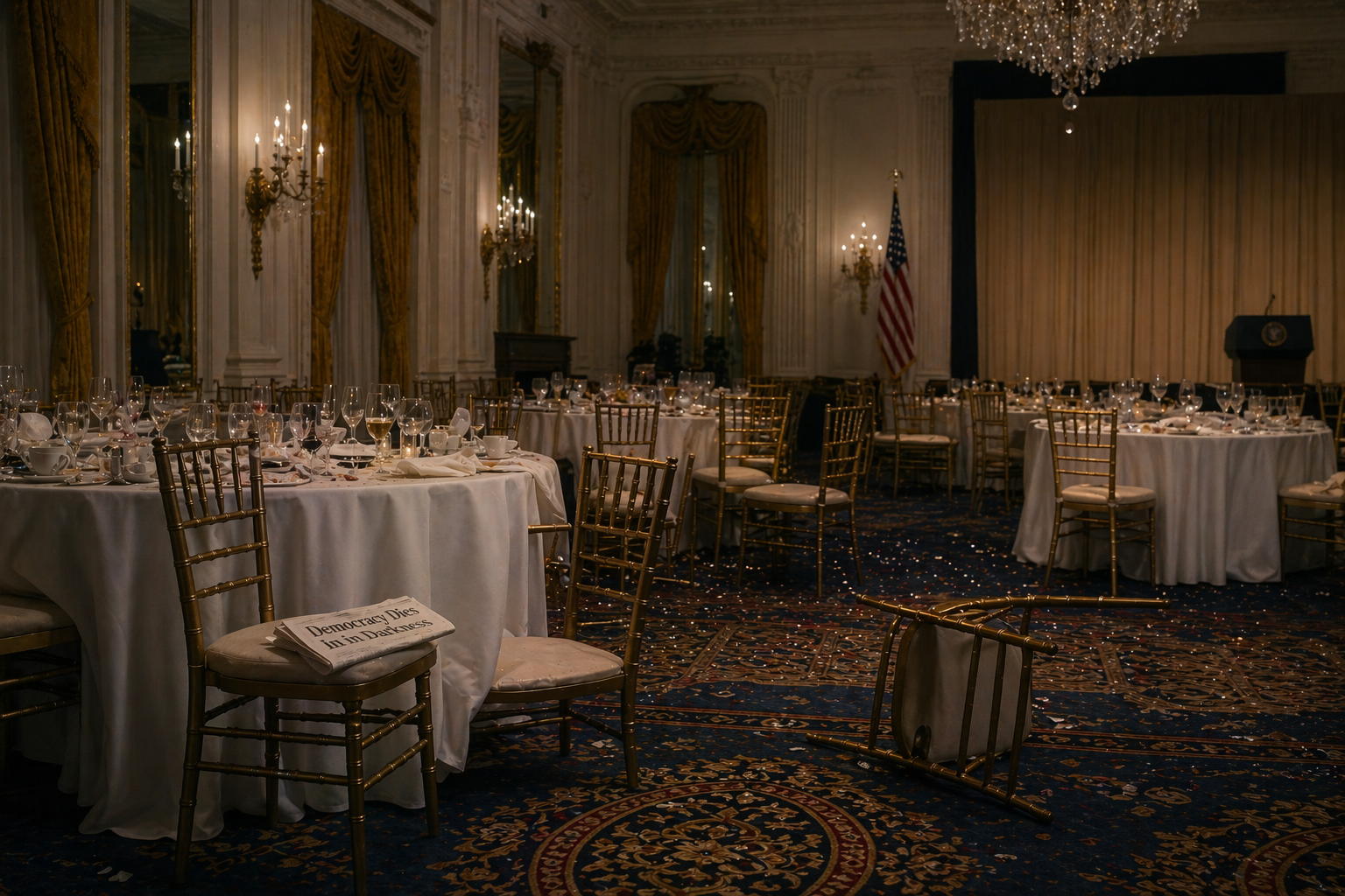 A formal ballroom photographed from behind an empty round dining table set with white linens and chairs. Crystal chandelier overhead. Gold curtains draped behind an American flag. Warm tungsten lighting. No people in frame.