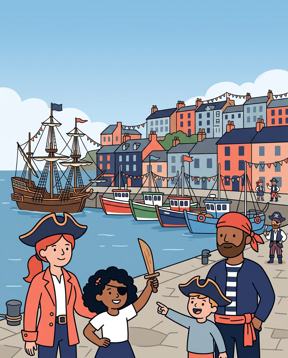 Illustration of a family at Brixham Pirate Festival on the harbour, in pirate fancy dress