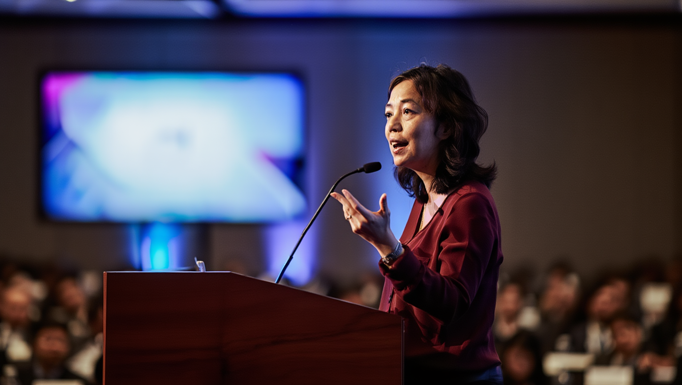 Naisjuhendaja räägib konverentsil, seistes mikrofoni ees kõnepuldil. Taustal on häguselt nähtavad istuvad inimesed ja suur ekraan, mis näitab sinakasvalget sisu.