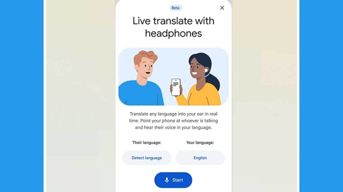 Illustratsioon, kus kujutatakse kaht inimest – üks mees sinises särgis ja naine kollases särgis. Naine hoiab käes nutitelefoni, mees räägib. Pealkiri ütleb 'Live translate with headphones'. Allosas on tekst, mis juhendab, kuidas tõlkida keeli reaalajas. On valikud keele tuvastamiseks ja inglise keele jaoks, samuti nupp 'Start'.