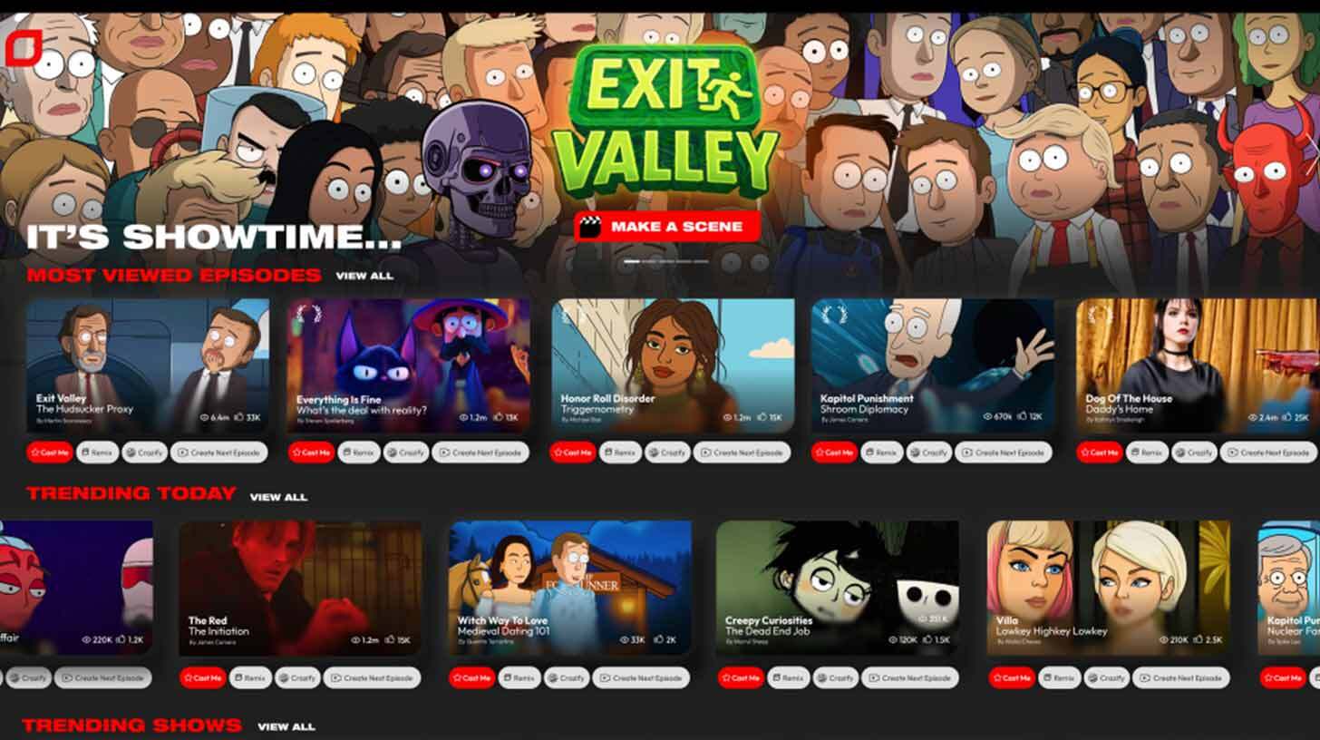 Ekraanipilt näitab animeeritud ja telesaadete platvormi liidest. Ülaosas on tõenäoliselt animasarja 'Exit Valley' promo, ümbritsetud erinevate tegelaste piltidega. Allpool on sektsioonid 'Most Viewed Episodes' ja 'Trending Today', kus kuvatakse erinevate saadete pisipildid, nimed ja vaatamiste arvud. Iga saadet saab vaadata, taasluua või luua järgneva episoodi, nagu viitavad erinevad nupud iga pisipildi all.