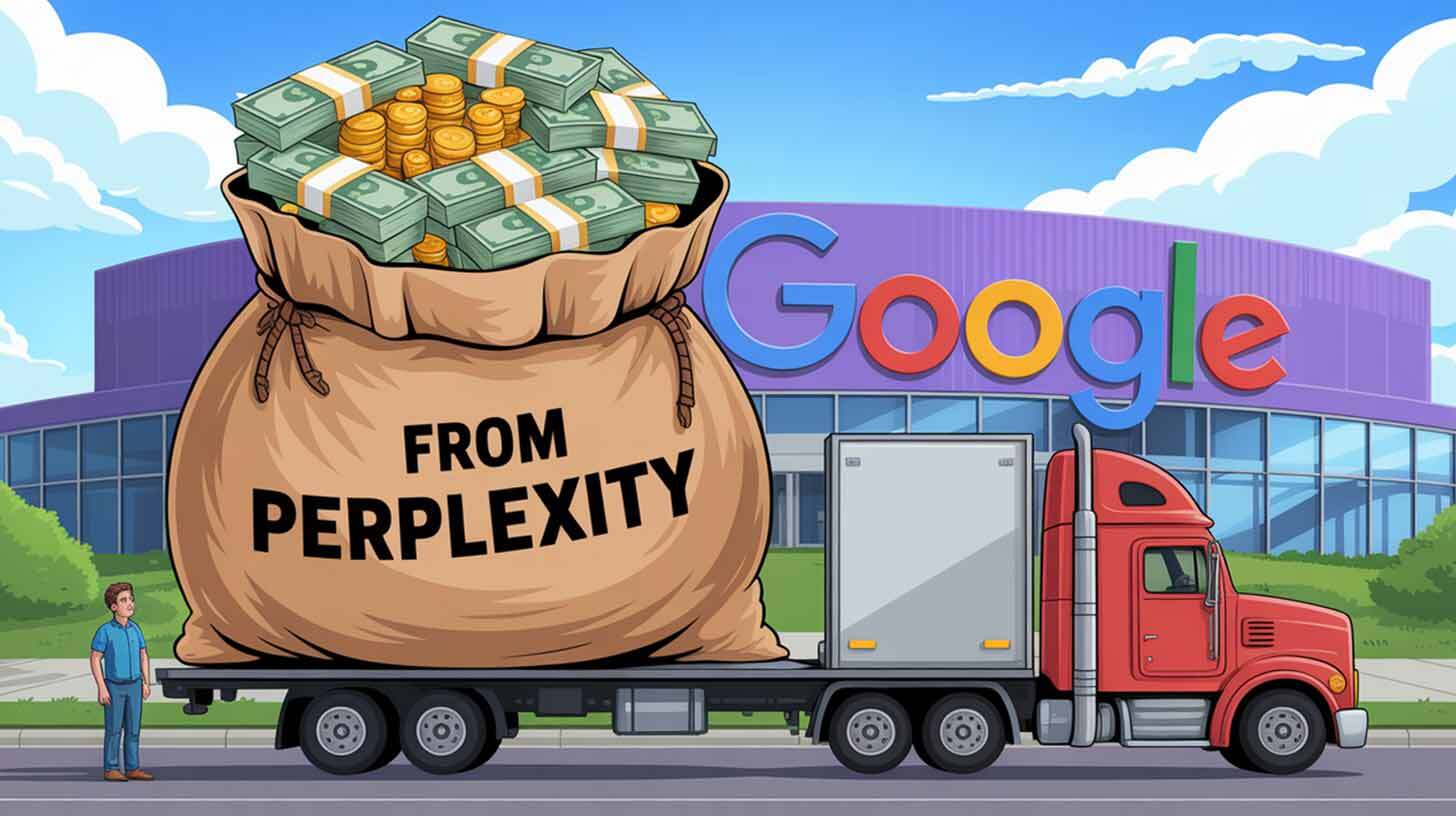 Illustratsioonil on suur veok, mille haagisel on hiiglaslik rahakott, täis rahatähti ja kuldmünte, millel on kiri 'FROM PERPLEXITY'. Taustal on hoone, millel on suur kirje 'Google'. Mees seisab maanteel veoki kõrval.