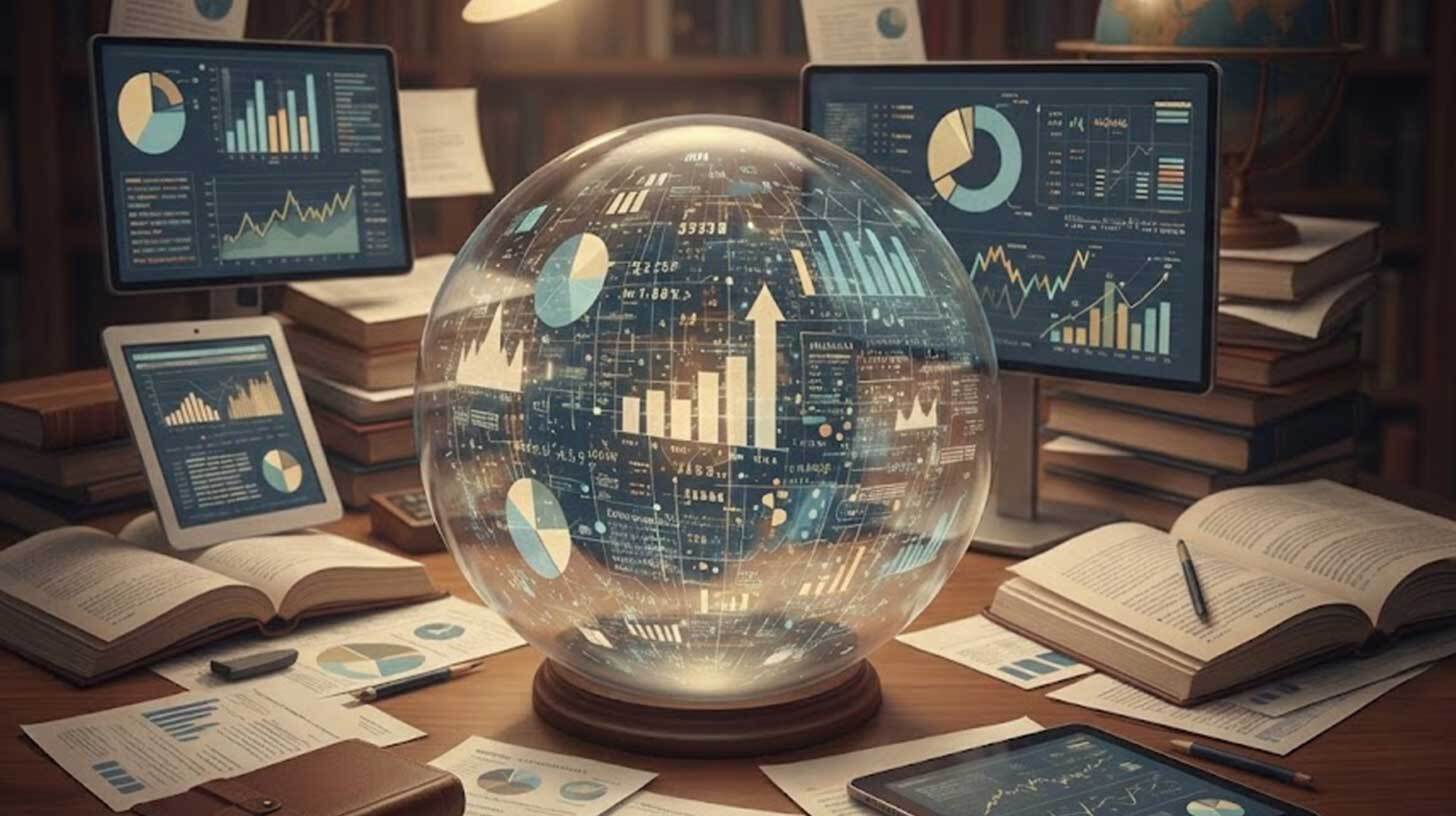 Läbipaistev sfäär, mille sees on erinevad graafikud ja diagrammid. Sfääri ümber on avatud raamatud ja dokumendid, millel on samuti graafikud. Taustal on mitu ekraani, millel kuvatakse andmeid ja diagramme. Ekraanid on asetatud raamatute peale.