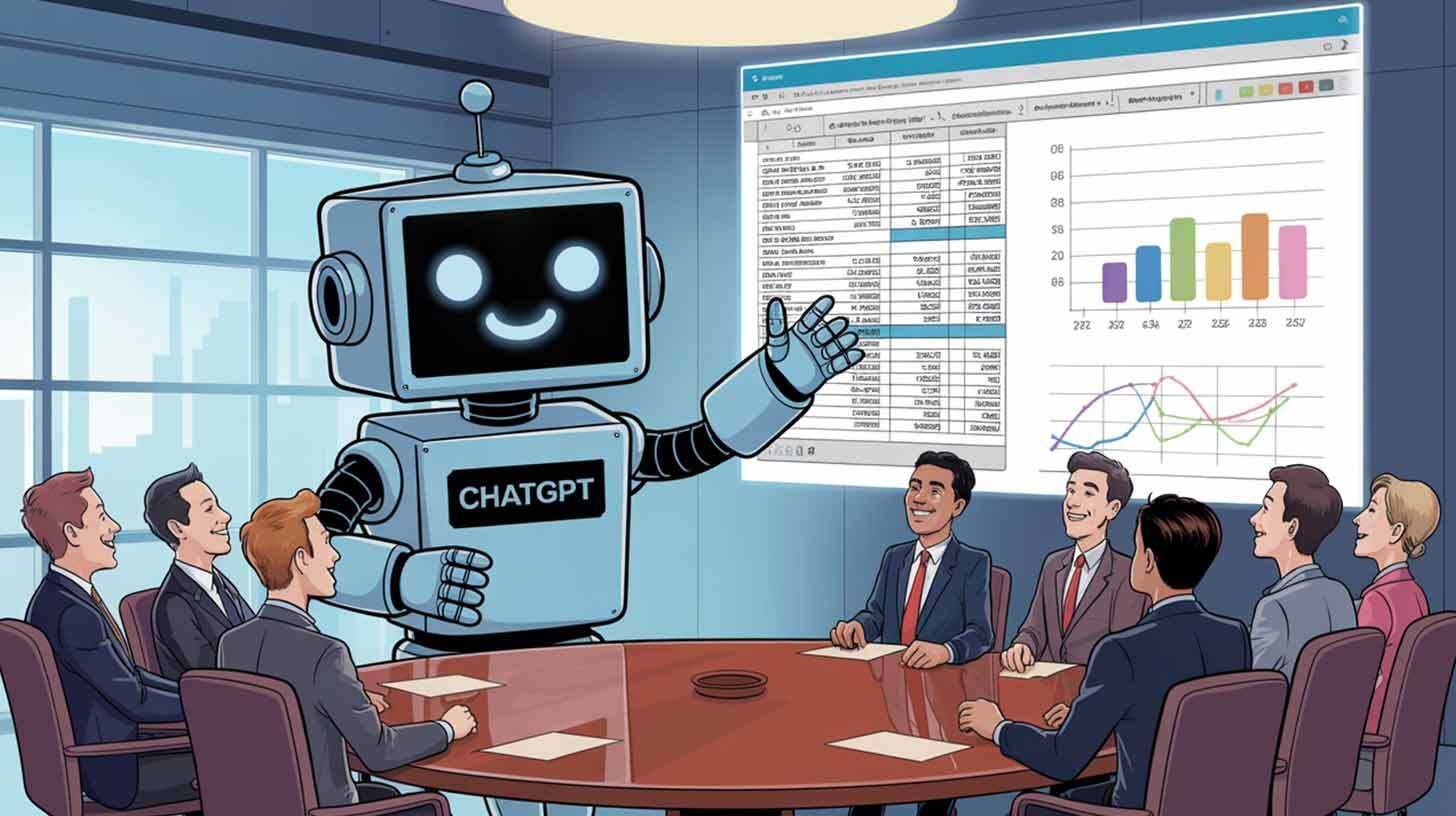 Robot, mille rinnal on kiri 'CHATGPT', seisab koosolekulaua ees ja esitleb statistikat projektoriekraanil. Ekraanil on tabel koos erinevate andmetega ning värviline tulbDiagramm ja joonistatud graafik. Ümber laua istub grupp naeratavaid inimesi, kes jälgivad esitlust.