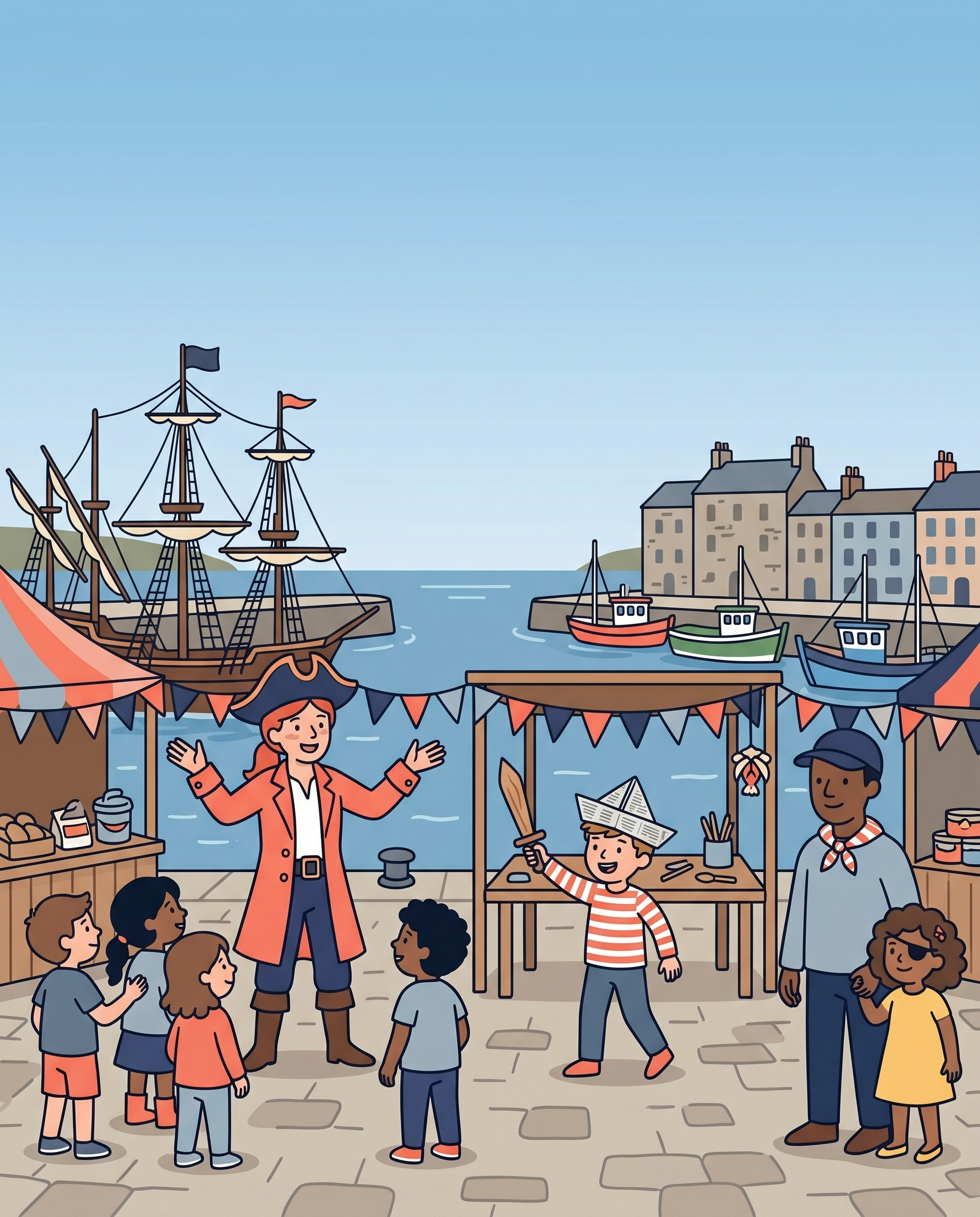Illustration of families at the Plymouth Pirates Weekend waterfront festival